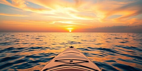 Serene sunset, paddleboard on calm ocean reflecting vibrant sky colors, glow, evening