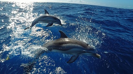 Fototapeta premium Dolphins leap in ocean waves