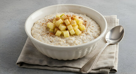 Delicious Creamy Oatmeal with Cinnamon and Apples Healthy Breakfast Food Recipe