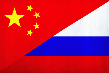 close up of two flags of China and Russia