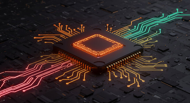 Futuristic 3D Render of Quantum Computing Chip with Neon Data Flow — Next-Gen Technology Concept