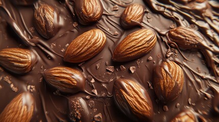 A detailed shot of a virtual chocolate-covered almond bark with nuts and rich chocolate coating.