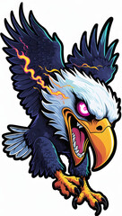 illustration of an eagle with mystical energy. Designed in a psychedelic cartoon sticker style with thick black lines,