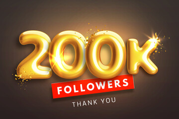 200000 followers celebration banner. Thank you 200k follower peoples. Glossy golden 3d numbers in realistic style on black background. Design for channel, group in social network. Vector illustration