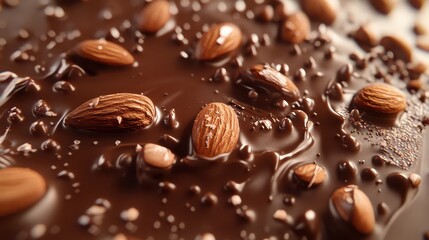 A detailed shot of a virtual chocolate-covered almond bark with nuts and rich chocolate coating.