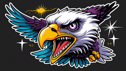 illustration of an eagle with mystical energy. Designed in a psychedelic cartoon sticker style with thick black lines,
