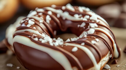 A detailed shot of a virtual chocolate-covered pretzel with drizzles of white chocolate and sea salt flakes.