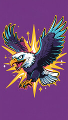 illustration of an eagle with mystical energy. Designed in a psychedelic cartoon sticker style with thick black lines,