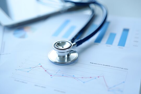 Stethoscope resting on medical charts and graphs representing healthcare data analysis