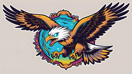 illustration of an eagle with mystical energy. Designed in a psychedelic cartoon sticker style with thick black lines,