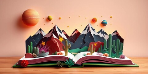 Whimsical paper cut book open to reveal mountains, cacti, planets & stars, planets, bold