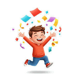 Cartoon Boy in Red Shirt Celebrating with Confetti Vector Image