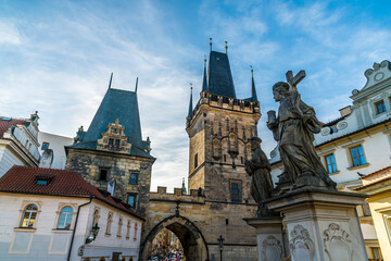 Fototapeta premium A view towards the west side of the Charles Bridge in Prague in springtime