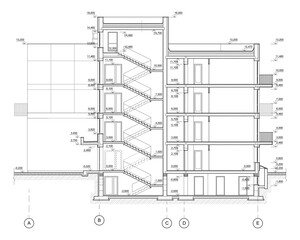 Vector architectural project of a multistory building cross section
