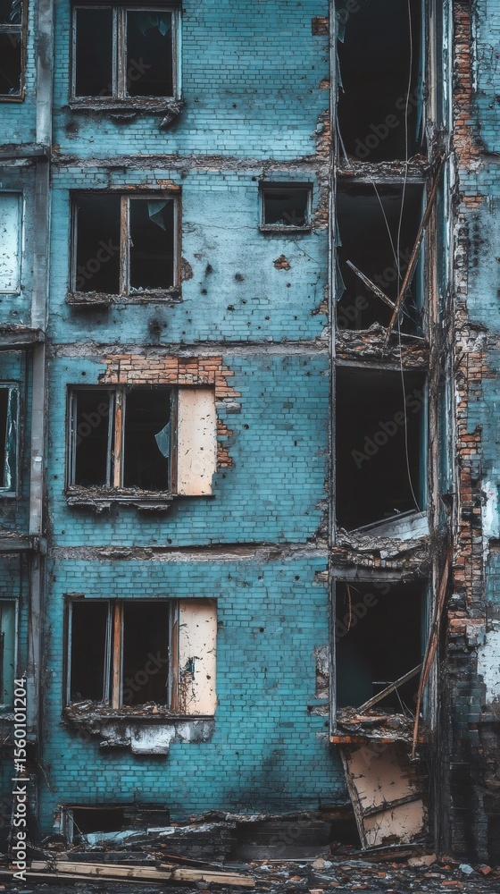 Poster collapsed building facade showcasing broken windows and scattered debris, illustrating the devastati
