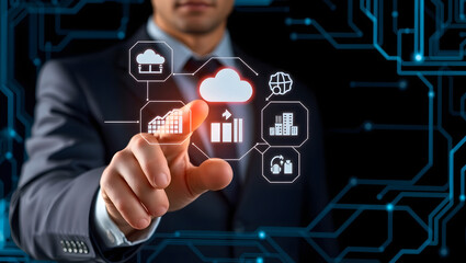 Obraz premium Businessman Interacting with Cloud Computing Technology and Data Analytics