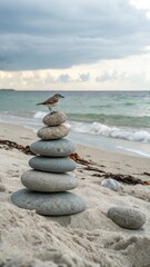 Serene Beach Scene with Bird Perched on Stacked Stones