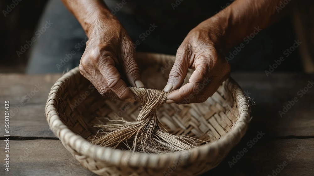 Poster hands skillfully weaving natural fibers into a basket in a rustic workshop during daylight hours