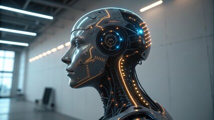 Profile View of a Futuristic Female Robot with Glowing Internal Components
