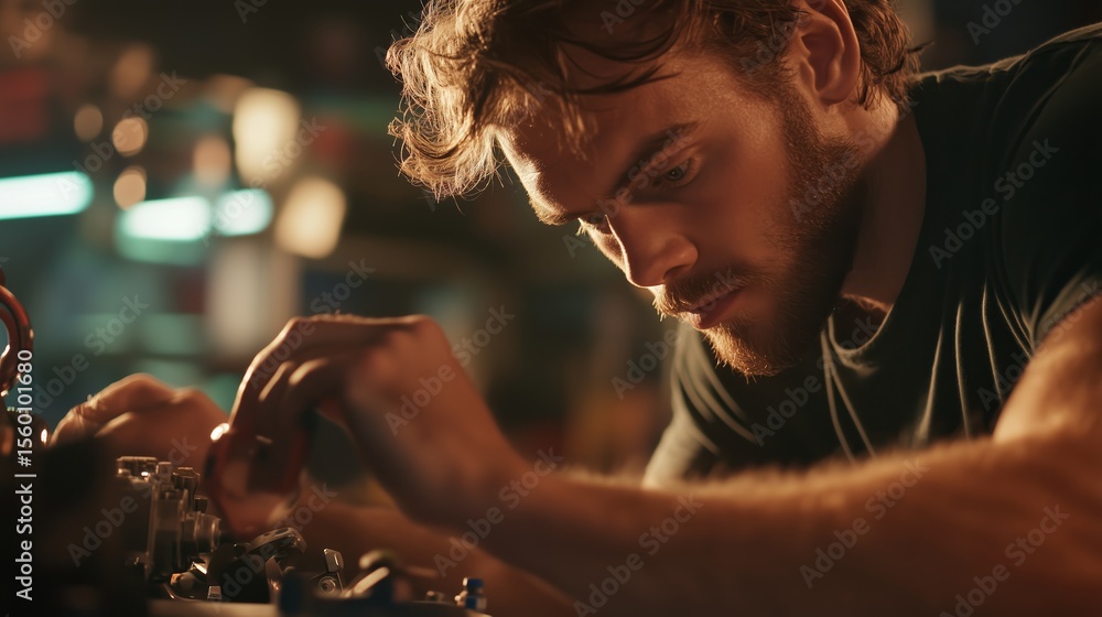 Poster young man working intently on electronics in a workshop during late evening hours