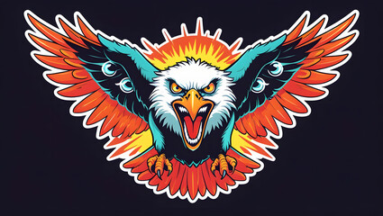 illustration of an eagle with mystical energy. Designed in a psychedelic cartoon sticker style with thick black lines,