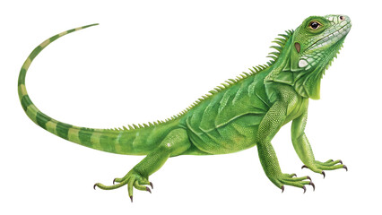 Fototapeta premium Detailed illustration of a green iguana with a long striped tail isolated on transparent background