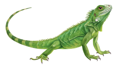 Detailed illustration of a green iguana with a long striped tail isolated on transparent background