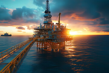 oil platform ocean with sun setting it