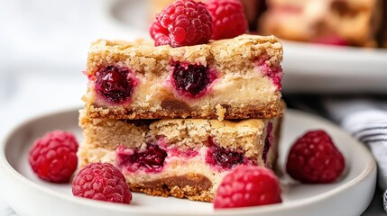 A detailed shot of a virtual white chocolate raspberry blondie with gooey texture and vibrant berry pieces.