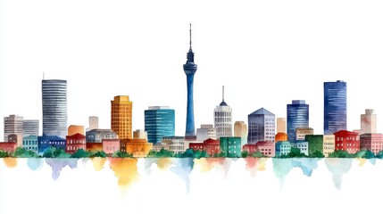 Vibrant Watercolor Illustration of Johannesburg Skyline with Tower and Colorful Buildings