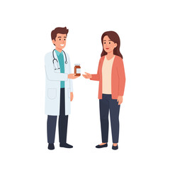 A doctor in a white coat gives a bottle of medicine to a female patient.
