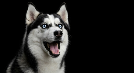 Obraz premium Stunning Siberian Husky Portrait Striking Blue Eyes Happy Dog Black Background Pet Animal Photography
