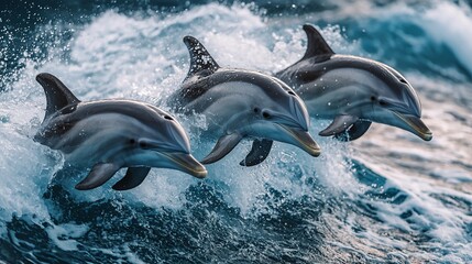 Obraz premium Dolphins leaping in ocean waves