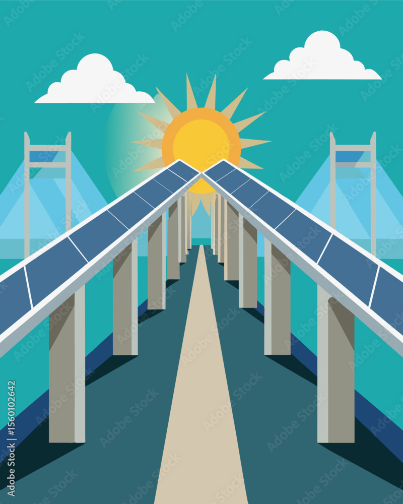 Poster an imposing concrete bridge connecting two cities outfitted with rows of solar panels that seem to g