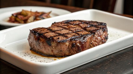 Grilled Steak on White Rectangular Dish with Roasted Vegetables