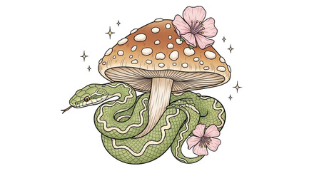 Isolated Snake and Mushroom with Flowers