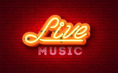 Live Music Festival Banner Illustration with Glowing Neon Light Signboard and Typography Letter on Vintage Brick Wall Background. Vector Musical Celebration Design Template for Post Card, Greeting