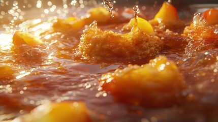 A realistic close-up of a virtual peach cobbler with golden, buttery biscuit topping and warm fruit filling.
