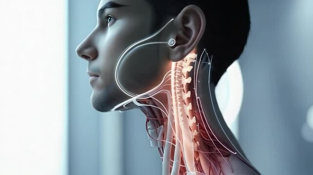 Fading overlay pulsing 3D head revealing mandibular nerve and cervical spine in medical studio