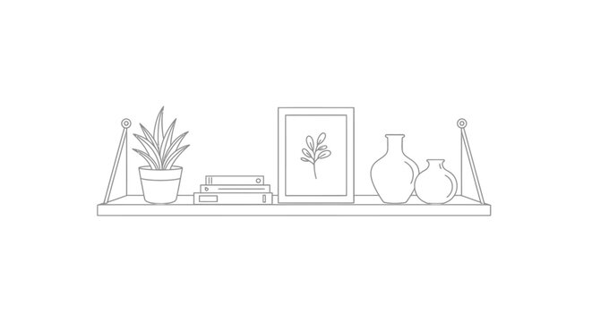 Simple line drawing of a floating shelf with decorative plants, vases, and artwork.