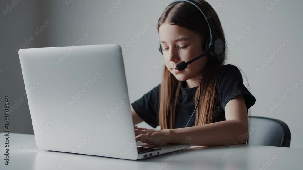 Poster focused schoolgirl wearing headset typing on laptop keyboard during online lesson, engaged with digi