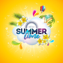 Hello Summer Holiday Banner Design with Flower, Cloud and Text Label on Sun Yellow Background. Vector Tropical Vacation Illustration with Colorful Beach Elements, Air Balloon and Palm Leaves for Flyer
