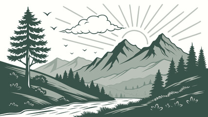 Explore mountain landscape vector art with pine trees river and sun rays scenic outdoor nature drawing design