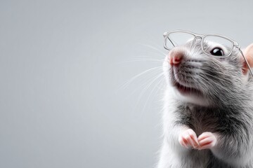 gray lab mouse, mouse wearing glasses, concept for smart scientist