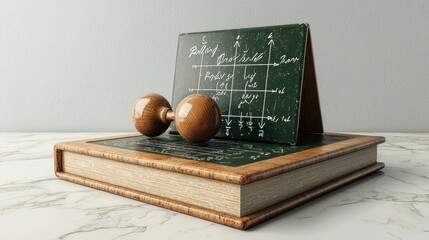 Vintage Wooden Book with Mathematical Equations and Decorative Balls on Textured Surface