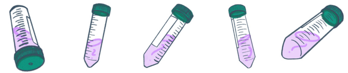 Hand-Drawn Centrifuge Tube Illustration Set — Purple gradient liquid lab tubes with green caps and label space, perfect for science, biology, chemistry, medical research presentations, laboratory 