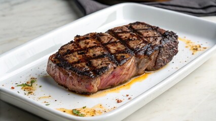 Grilled Ribeye Steak on White Rectangular Plate