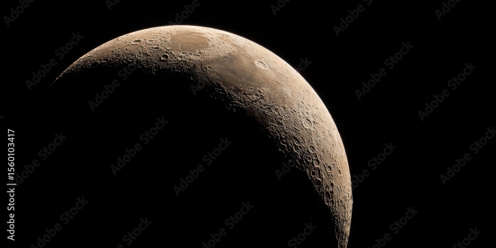 Poster stunning photo of crescent of a young moon with a large increase. moon, view through a telescope. th