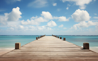 Obraz premium A wooden pier extends into the tranquil ocean