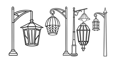  Vintage Street Lamp Illustration, Five Lantern Designs with  Silhouette
